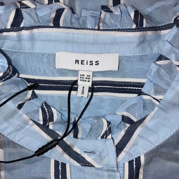 Reiss Avera NWOT Semi-Sheer Metallic Striped Blue Button Down Shirt-size 8 - Picture 9 of 13